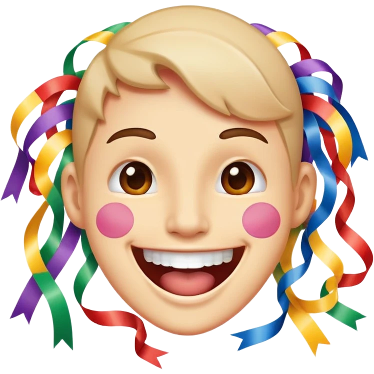 face with open mouth, smiling, surrounded by parade streamers emoji