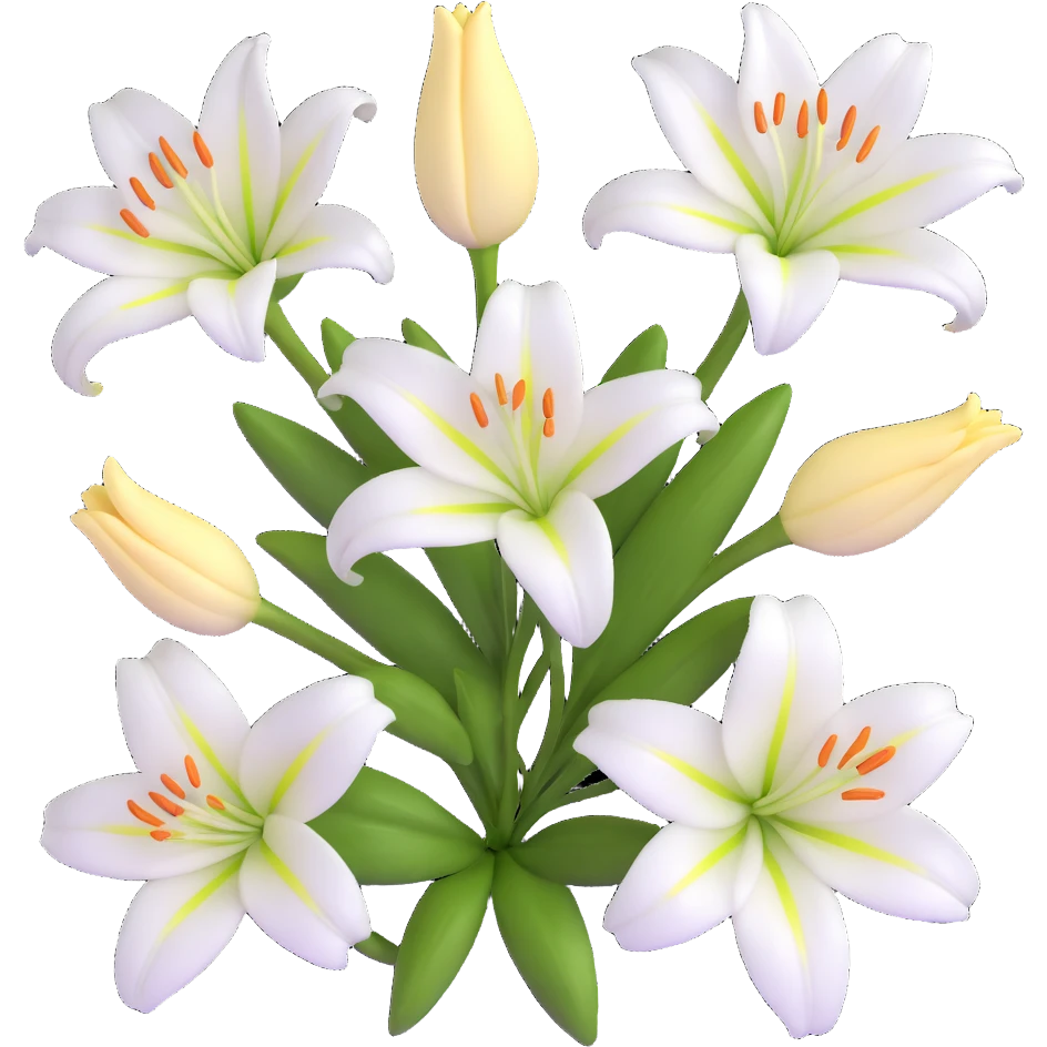 Detailed white lily flower with botanically correct six petals and six stamens, realistic appearance emoji