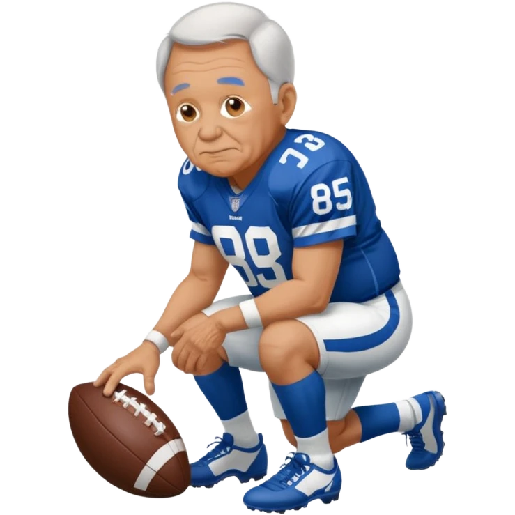 A grandpa playing football wearing an Indianapolis Colts jersey is. Show him kind of crouch down to the ground, holding the football and the name rivers on the back of his jersey. emoji