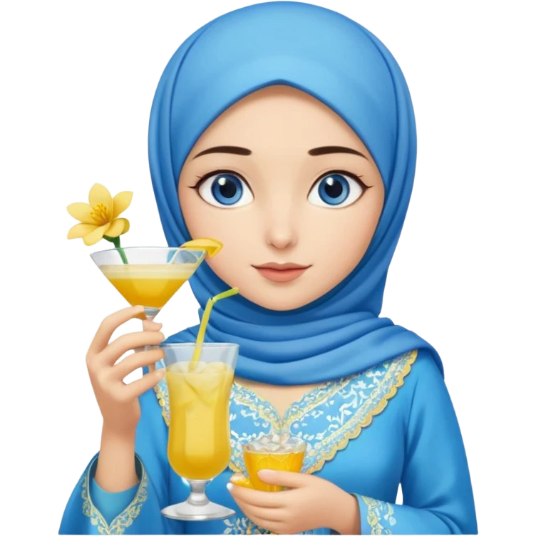 Turkish beautiful finish Konya girl blue eyes with blue hijab islamic dress and had on her hand white yellow flower mocktail emoji
