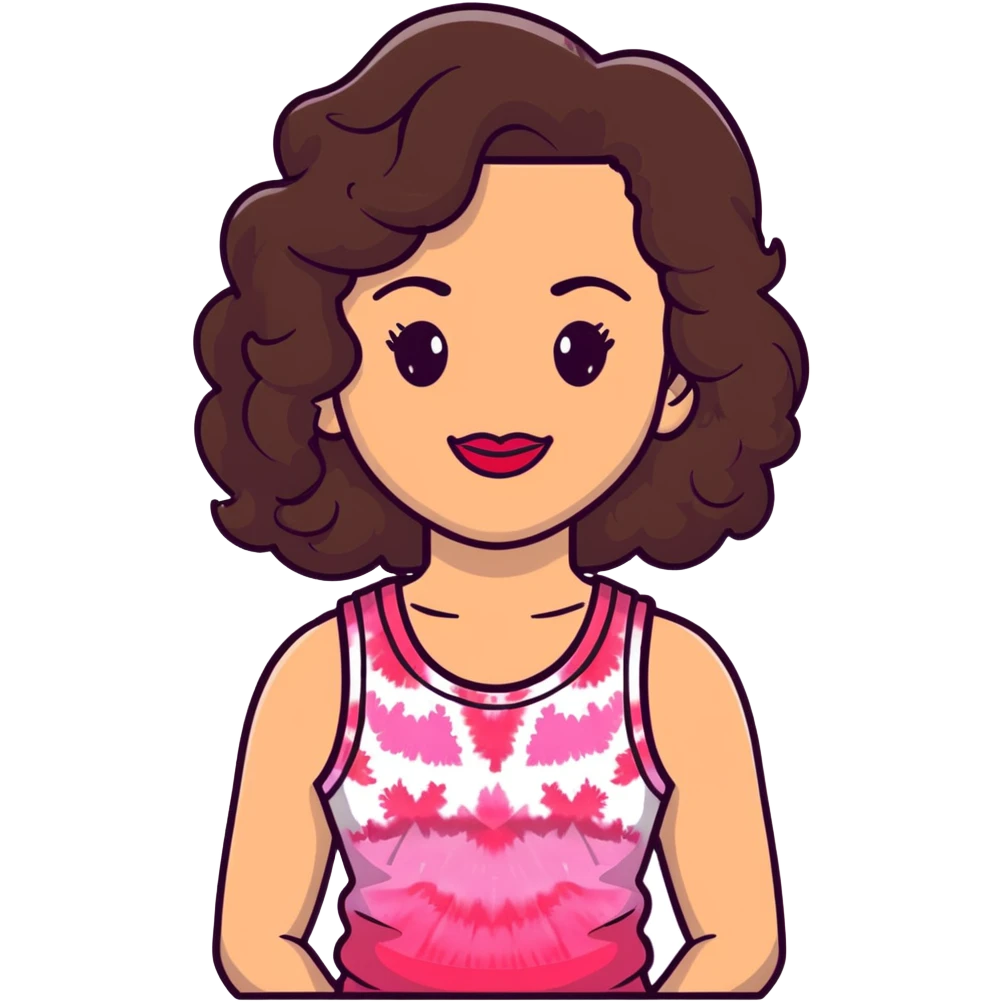 Artistic woman with fair skin, elongated face, abundant dark brown curly hair, large expressive almond brown eyes, full lips with soft red lipstick, wearing pink tie-dye tank top, maternal welcoming smile emoji