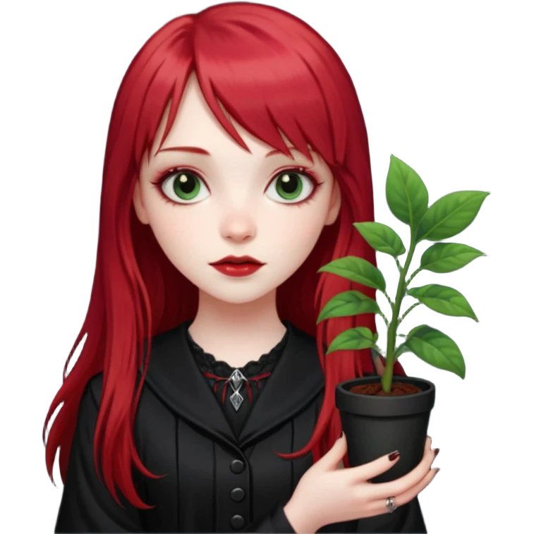 a gothic girl with long red hair and bangs holding a lucky pin and plant emoji
