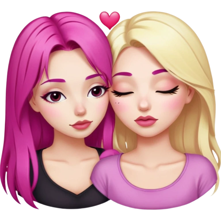 gorgeous pale girl with magenta pink hair latina makeup next to a gorgeous blonde girl with a light pink heart above them in between eyes closed making duck lips faces emoji