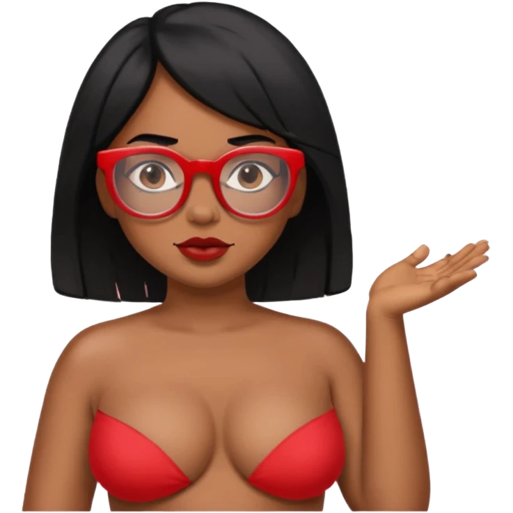 Topless shrug, black hair, red glasses, brown skin, bigger areola  emoji