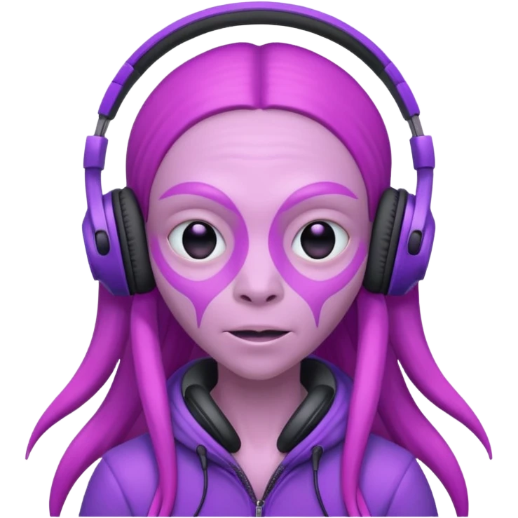 headphone wearing pink alien, purple long haired emoji