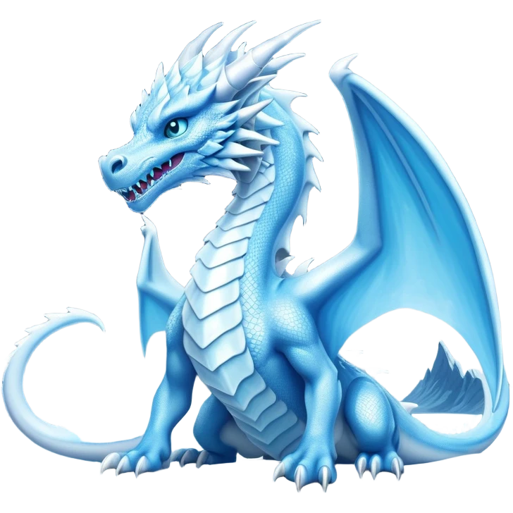 Cinematic Noble wise elegant Ice Dragon full body  Emoji, Poised and imposing, distinct long elegant snout, with a slender, scaled body shimmering in glacial hues of icy blue, frostbitten silver, and crystalline white, breathing out frost, with piercing, glowing ice blue white eyes that radiate the chilling depths of an arctic storm; rendered in detail. excuding wisdom emoji