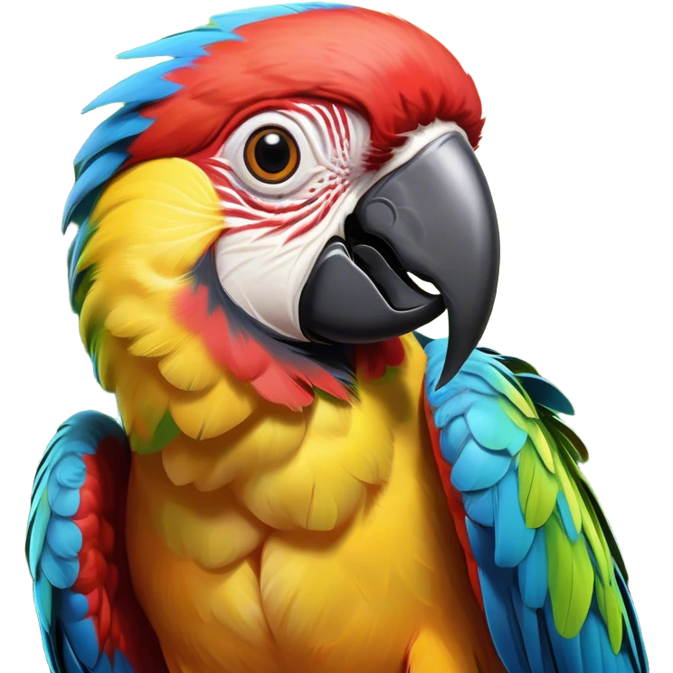 Cinematic Comical Macaw Portrait Emoji, Head tilted dramatically with an exaggeratedly shocked expression, featuring vibrant, bold plumage and wide, comically expressive eyes full of humorous disbelief, Simplified yet hilariously expressive features, highly detailed, glowing with a slightly sassy tropical glow, high shine, dramatic yet playful, stylized with an air of quirky avian attitude, soft glowing outline, capturing the essence of a meme-worthy macaw that looks ready to side-eye its way into viral fame! emoji
