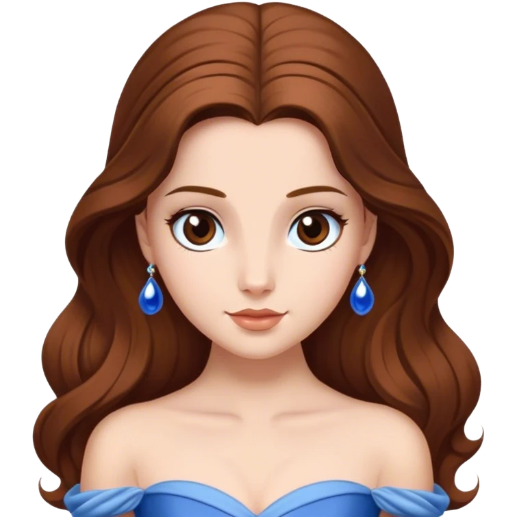 Cinematic Elegant Belle Portrait Emoji, rendered in a realistic, vector-style with minimal shading and bold, simplified shapes. Depict Belle (chest and above) with fair, luminous skin, deep brown expressive eyes, and long, flowing chestnut hair styled elegantly, wearing her classic blue ball gown. The image glows with a soft, warm radiance and high shine, capturing timeless refined beauty. emoji