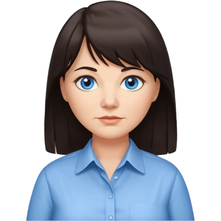 50 yr old woman, blue eyes, long straight dark brown hair, business shirt, chubby, bangs, long hair emoji