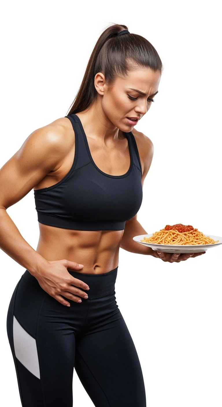 DONNA FITNESS CON PIATTO DI PASTA IN MANO E MAL DI PANCIA, FA FATICA A DIGERIRE, ISOLATA SU SFONDO BIANCO emoji