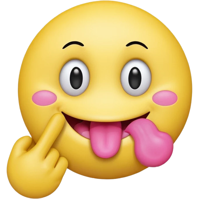 The image is a digital illustration of a yellow smiley face with big, round eyes and a big smile. The face is holding a pink tongue sticking out and making a 67 with its fingers. Above the face, The background is white. Like this but get rid of the text emoji