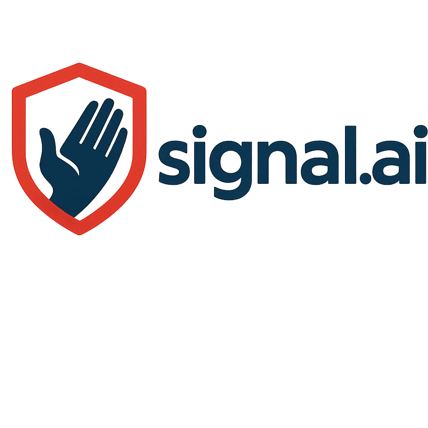 logo for signal.ai, dashboard for first responders, text 'signal.ai' with a symbol of assistance like a helping hand or shield, modern, energetic, trustworthy emoji
