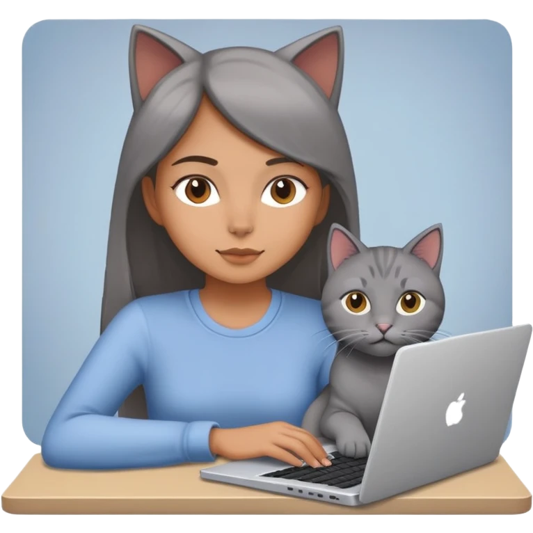 A girl is working on a laptop with a cat lying next to it emoji