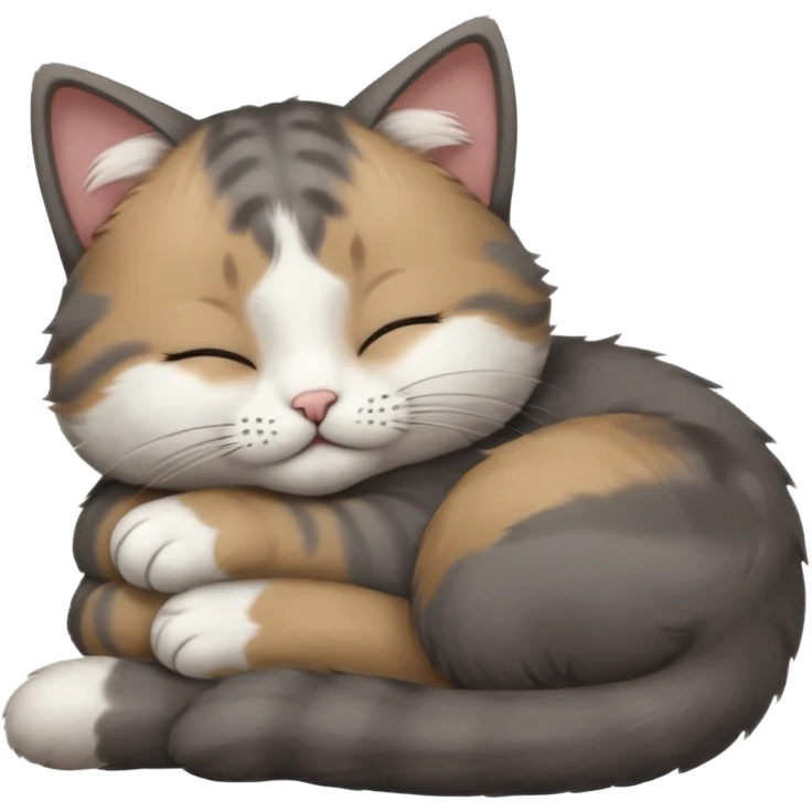dark grey and white small cat with closed eyes, leaning his head on his paw while leaning on his elbow lying down emoji