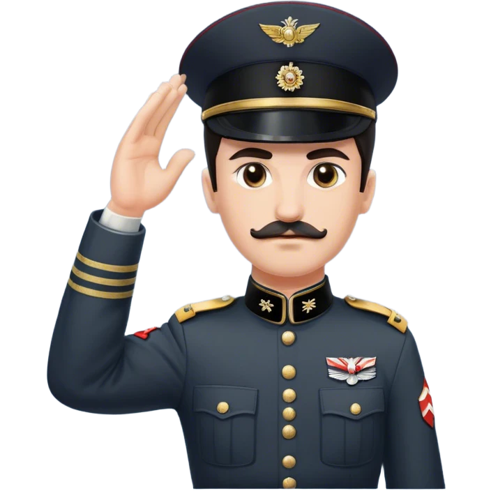 A man with a small mustache, parted dark hair, and a stern expression. He is wearing a military-style uniform with a high collar, a belt, and a swastika armband on his left arm. He raises his right arm in a rigid, extended salute. The background is a historical setting from the 1930s or 1940s. emoji