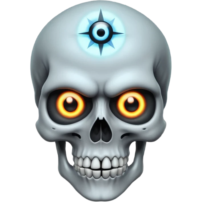 3D skull with a glowing evil eye symbol on the forehead, dark cursed vibe, intense attitude emoji