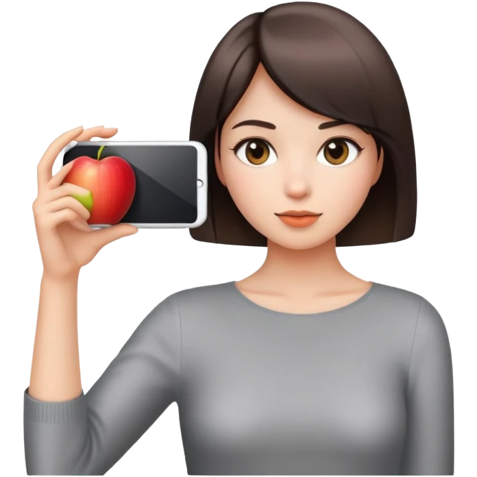beautiful young lady with short straight hair taking a photo, upper body view, Apple emoji style emoji