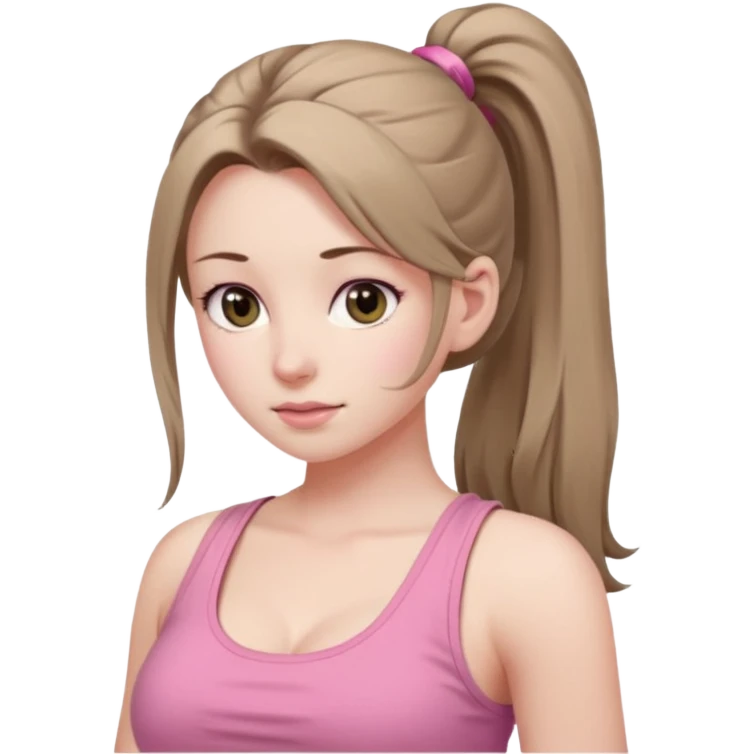 Девушка, бледная кожа, глаза серого цвета, светло русые, длинные волосы, собранные в хвост, розовая майка без рукавов,больше сиськи  emoji