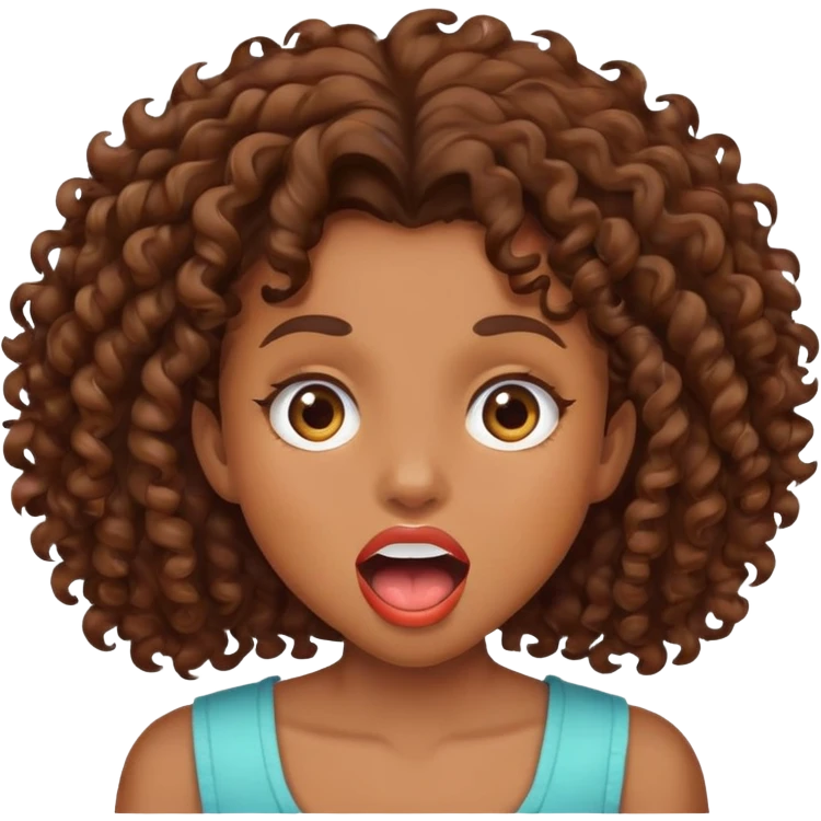 girl with brown curly hair and big mouth emoji