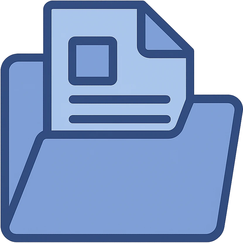 Create a documents folder icon in flat color clip art style, minimal design, using three blue shades from the palette. The folder should have a simple document or lines and square detail, matching the style of previous blue folder icons. No text. emoji