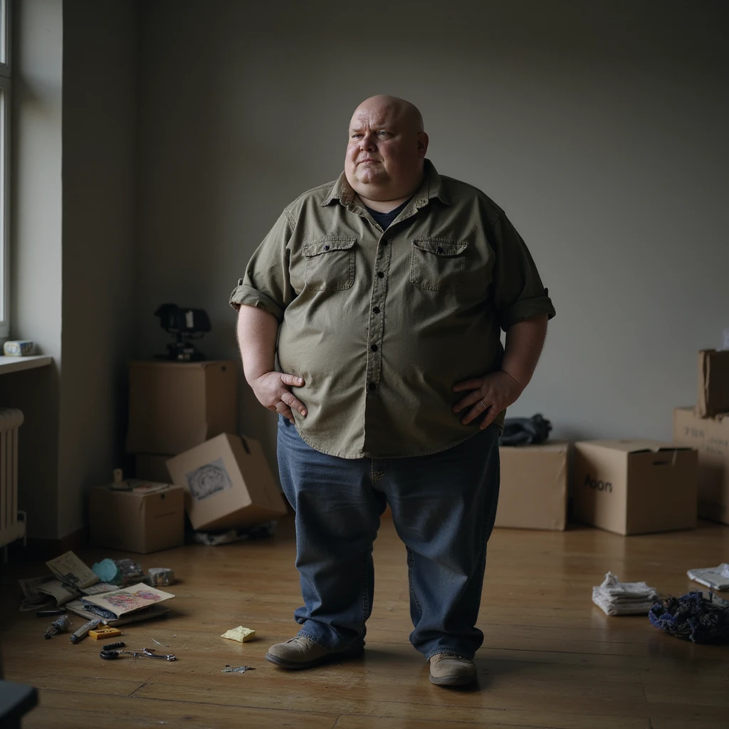 obese man forgetting what he was doing, standing in a room with scattered objects, realistic atmosphere, hyperrealistic 4K details, signs of cognitive difficulty emoji