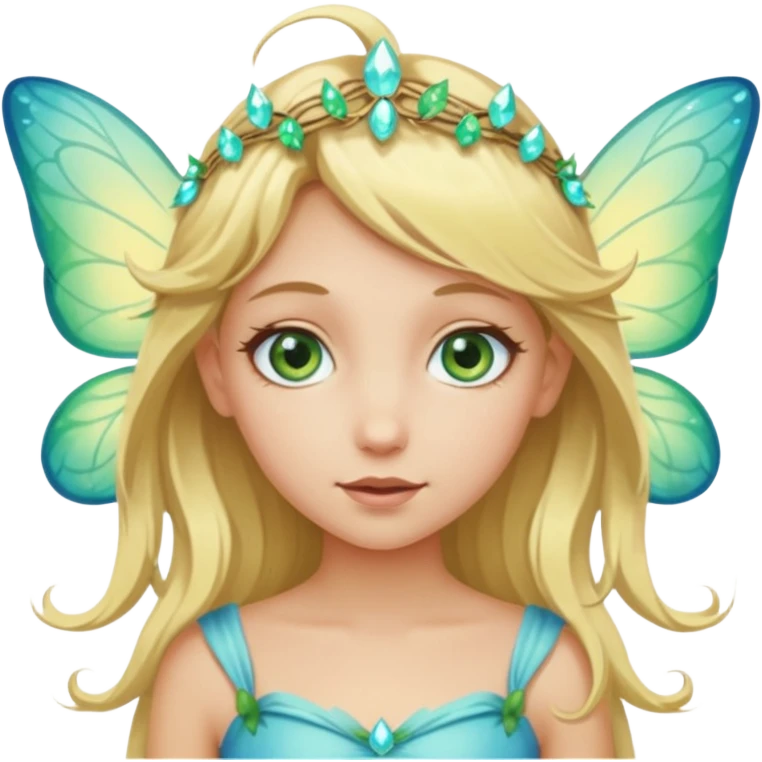 dirty blonde haired girl with blue-green eyes as a fairy wearing light yellow  emoji