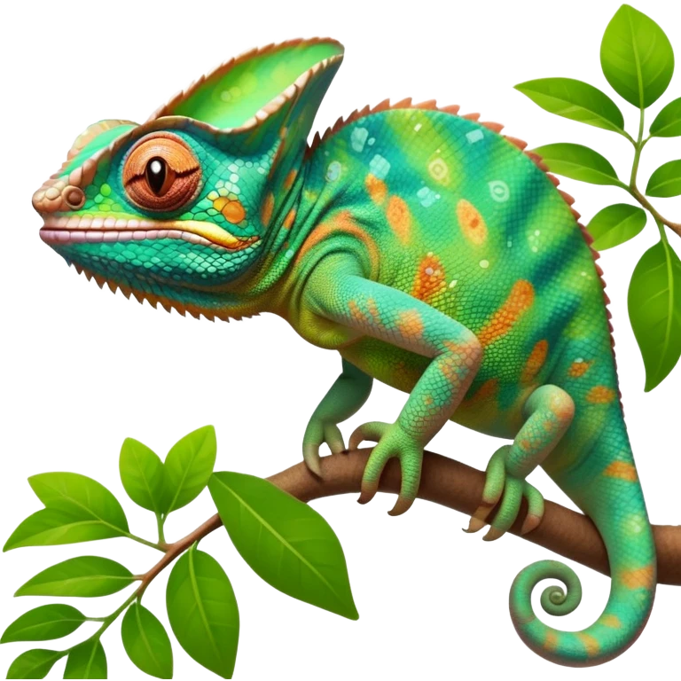cinematic giant-smiling. chameleon-realistic emoji,-blending-with-vibrant-greenery.-detailed-scales-in-shifting-colors,-showing-the-chameleon’s-ability-to-camouflage.-soft-natural-light-highlights-its-texture.-nature-background, zoomed into its face emoji