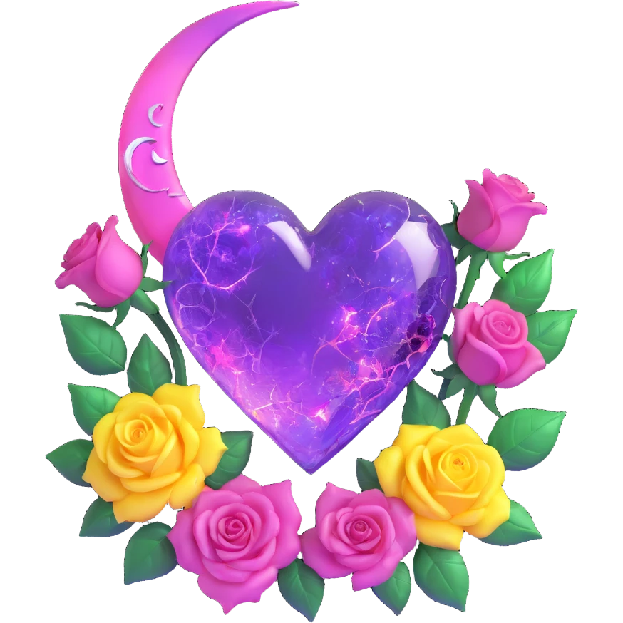 gothic heart made of soft violet glass, silver crescent moon, glowing blush roses, holographic stardust, neon magenta lightning, drenched and splintered glass emoji