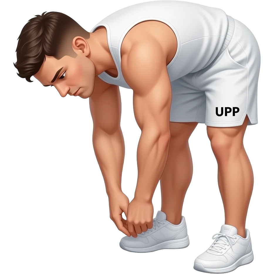 guy-in--white shorts --white-tank top-and-shorts-standing-up,-bending-down-to-touching-toes-(stretching-down-by-touching his toes while both feet are together-not-split-apart-with "UPP" written-on-his-shorts in black. white gym shoes emoji