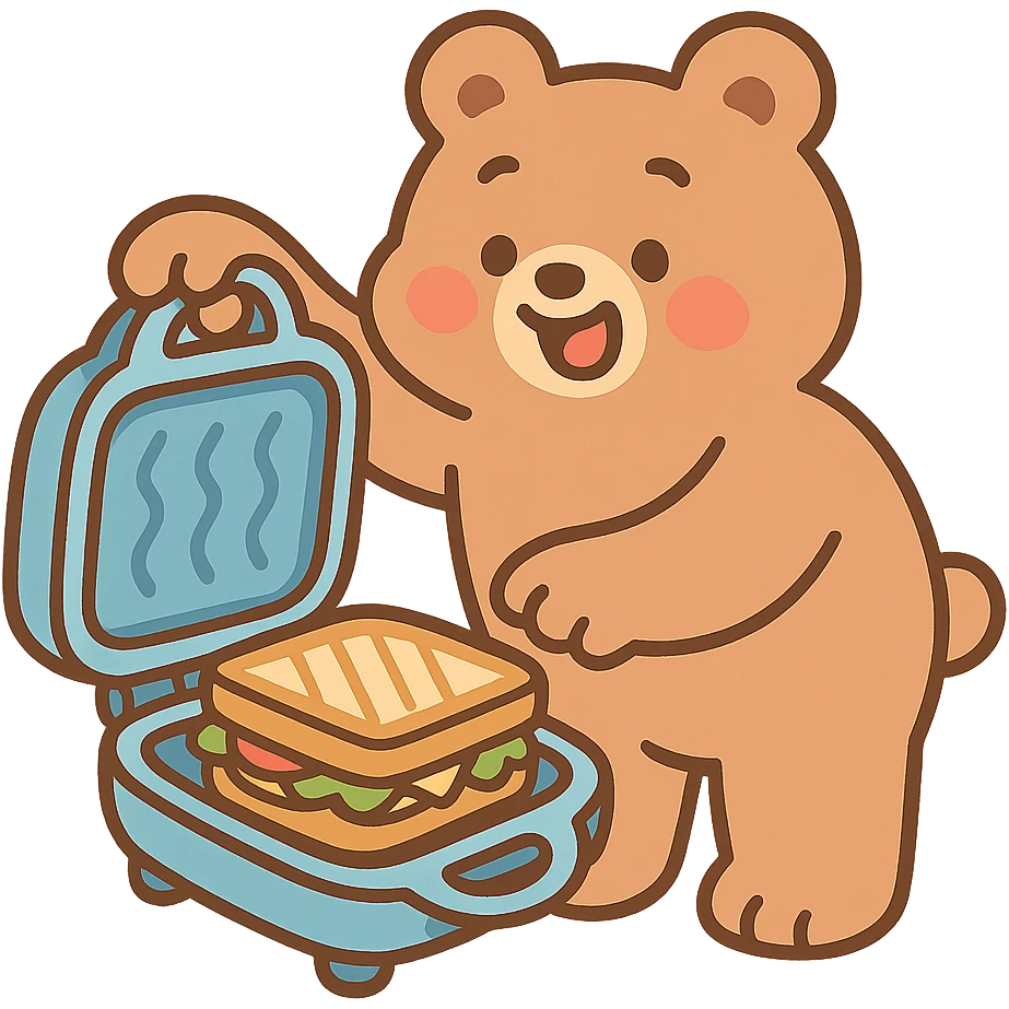 sandwich maker bear soft fluffy opening with cute sandwich inside creamy brown pastel, full-body emoji