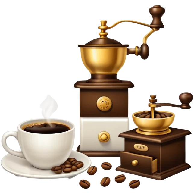 coffee shop essentials: coffee cup, pastry, coffee beans, and coffee grinder emoji