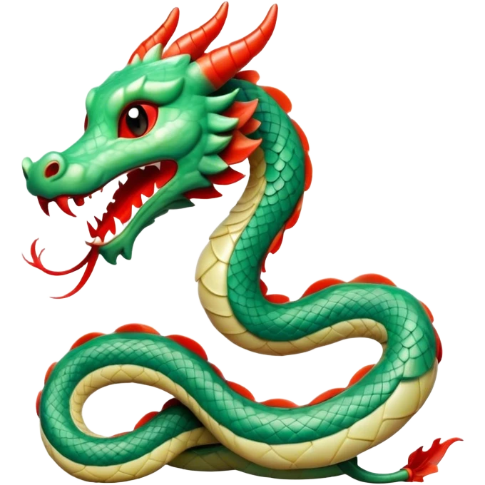 Cinematic Cute Chinese Serpent Dragon Portrait Emoji, Head tilted playfully and inquisitively, showcasing a slender, flowing body with vibrant jade scales and soft vermilion accents intertwined with whimsical wisps of cloud and water details; rendered with realistic finesse and warm natural light, high shine, charming and spirited, styled with a touch of mythic whimsy, soft glowing outline, capturing the essence of a mischievous yet endearing celestial dragon poised to weave magic into your dreams! emoji