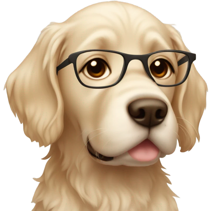Smiling girl with long dark wavy brown hair and red glasses next to a shaggy beige Labrador puppy emoji