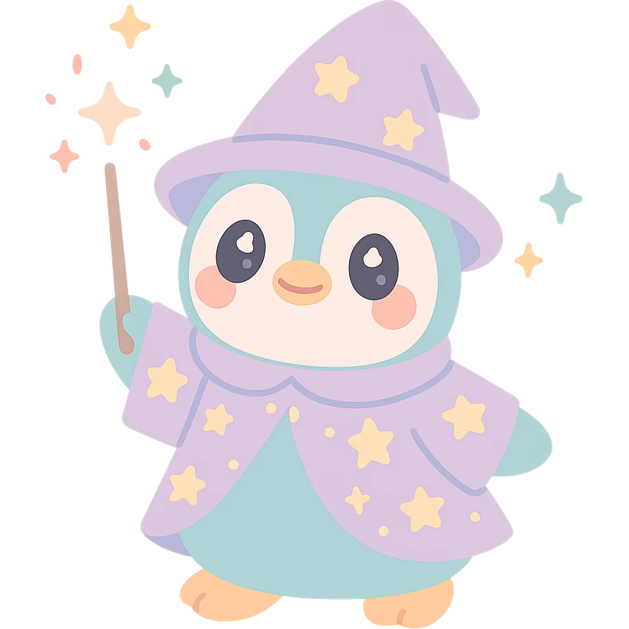 cartoon penguin wizard with starry robe, holding wand, magical sparkles around emoji
