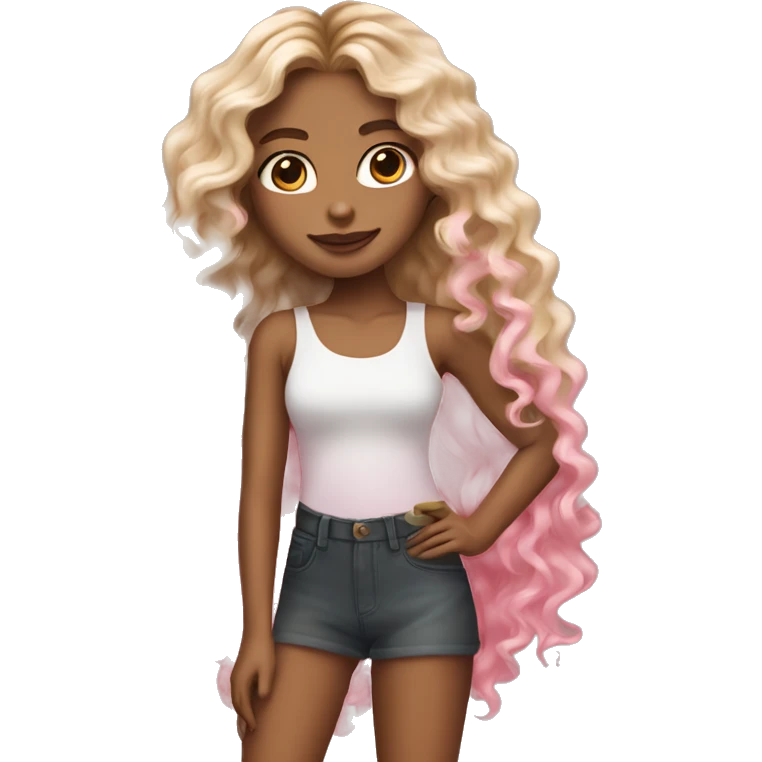 girl with brown and blonde ombré long curly hair white skin holding Pink starbucks refresher emoji