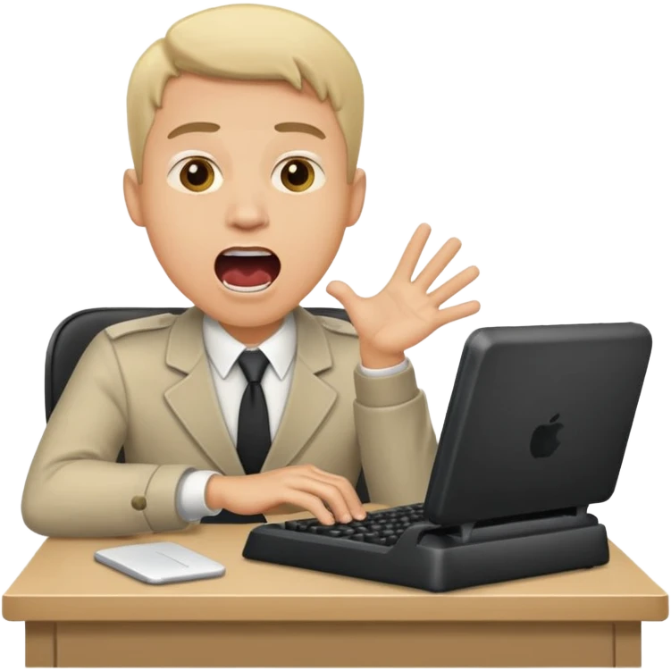 man at desk, mouth open shouting, typing fast emoji