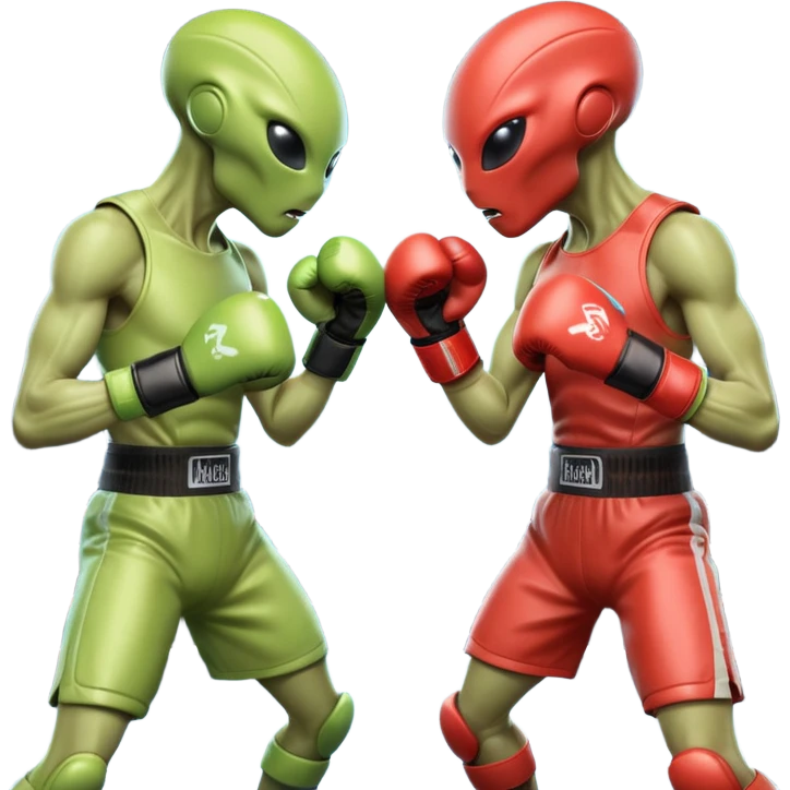 two aliens boxing in a fight stance, facing each other with raised gloves, dynamic action pose, intense expressions, sci-fi arena vibe, 3D cartoon style, mobile game icon style, clean background, no text, no watermark
 emoji