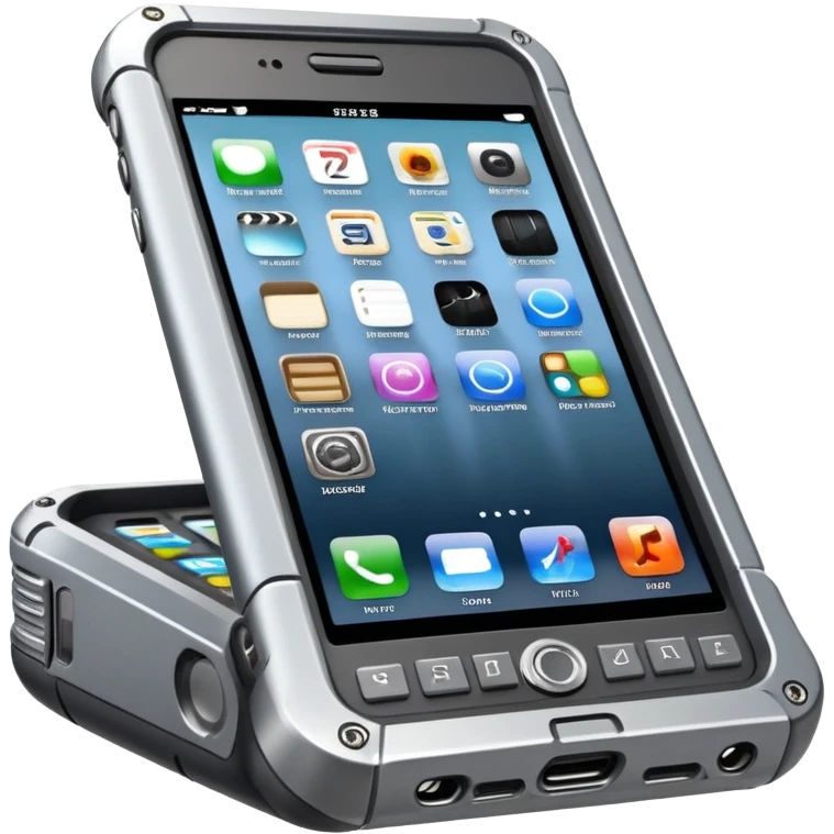A cybernetics implementation mobile phone device with a focus  rugged and metallic features and materials  emoji