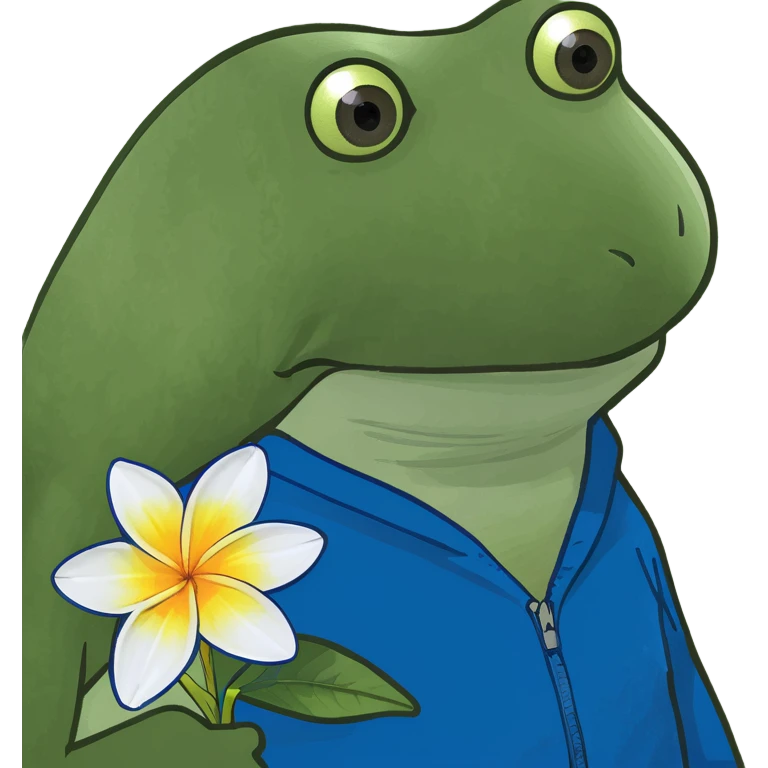 Rana con ropa azul y flor plumeria blanca emoji