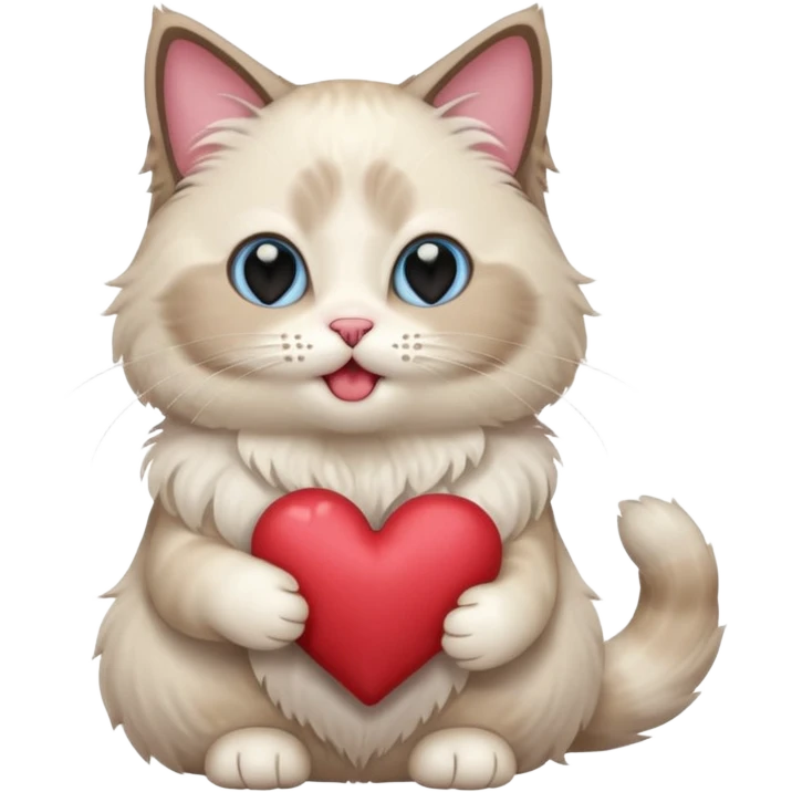 Full body ragdoll Cat holding a heart and mouth open, blush on cheeks emoji