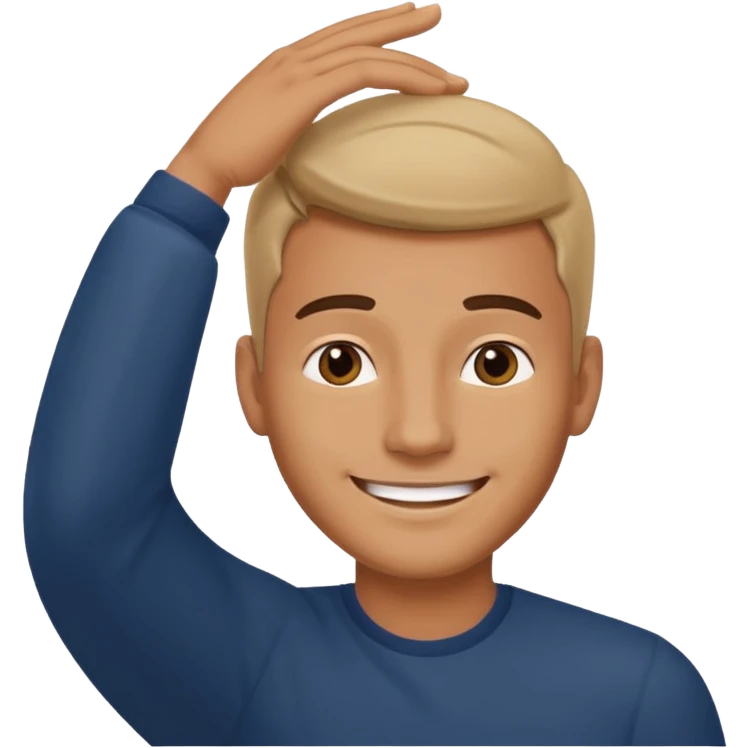 Picture of a handsome man smiling like he is very confident in himself with his hand on his head emoji