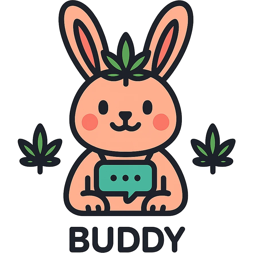 friendly rabbit icon representing an AI assistant named Buddy, with subtle cannabis-themed elements, modern and approachable, suitable for a chatbot specializing in cannabis, clean lines, green color accents emoji