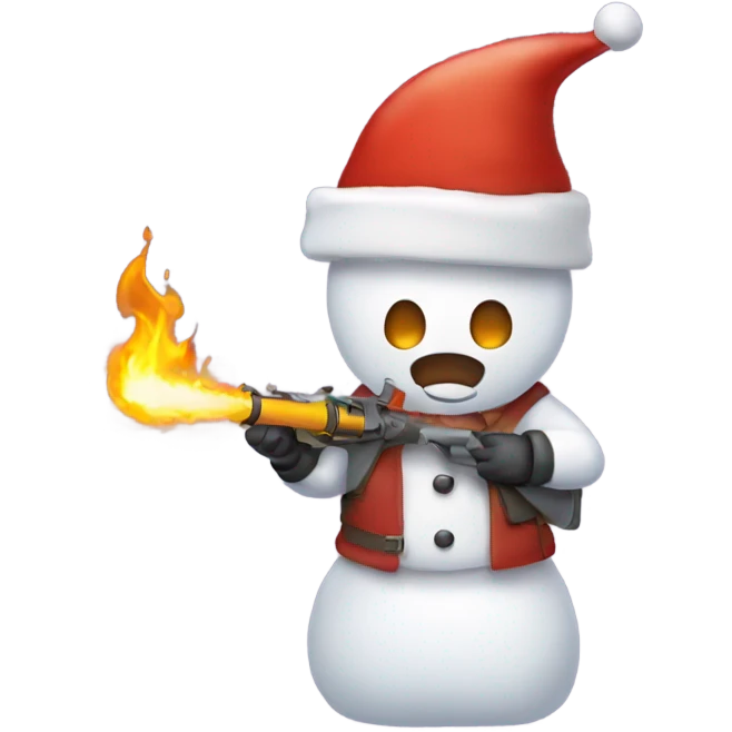 Snow man wearing a Santa hat holding a flame thrower  emoji