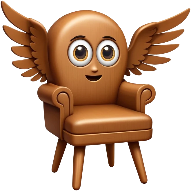 A wooden chair with big cartoon eyes, flying through the air with small wings emoji