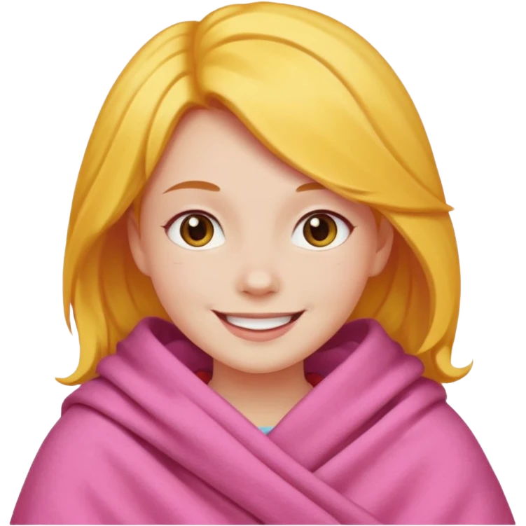 happy smile emoji red cheeks in pink blanket dark yellow hair emoji