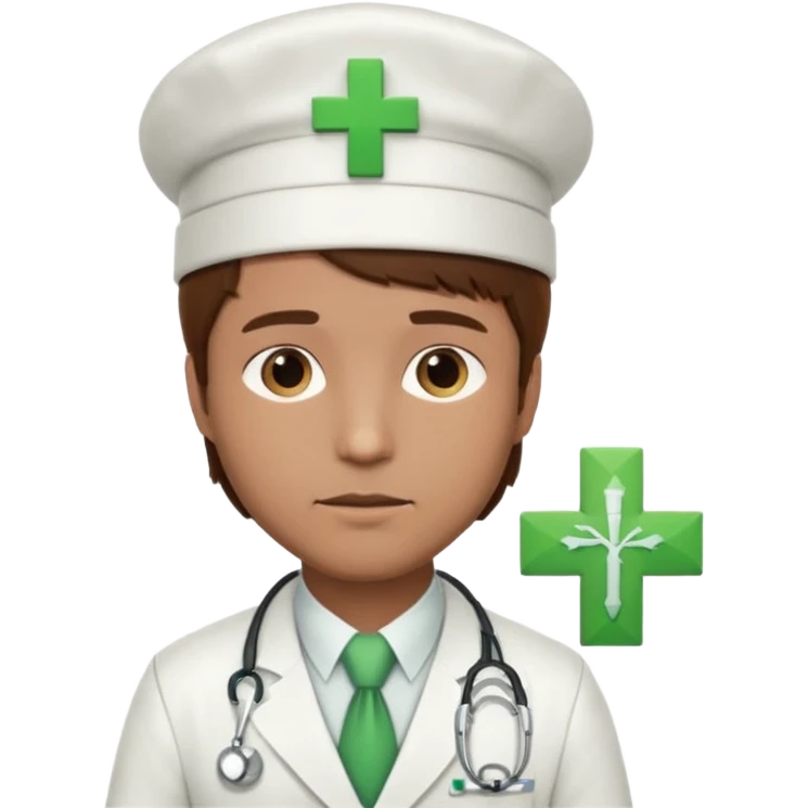 a doctor in white suit with a doctor hat with green cross brown hair man emoji