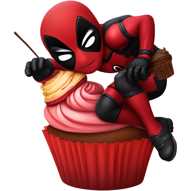 Deadpool riding a flying cupcake into a gas station emoji