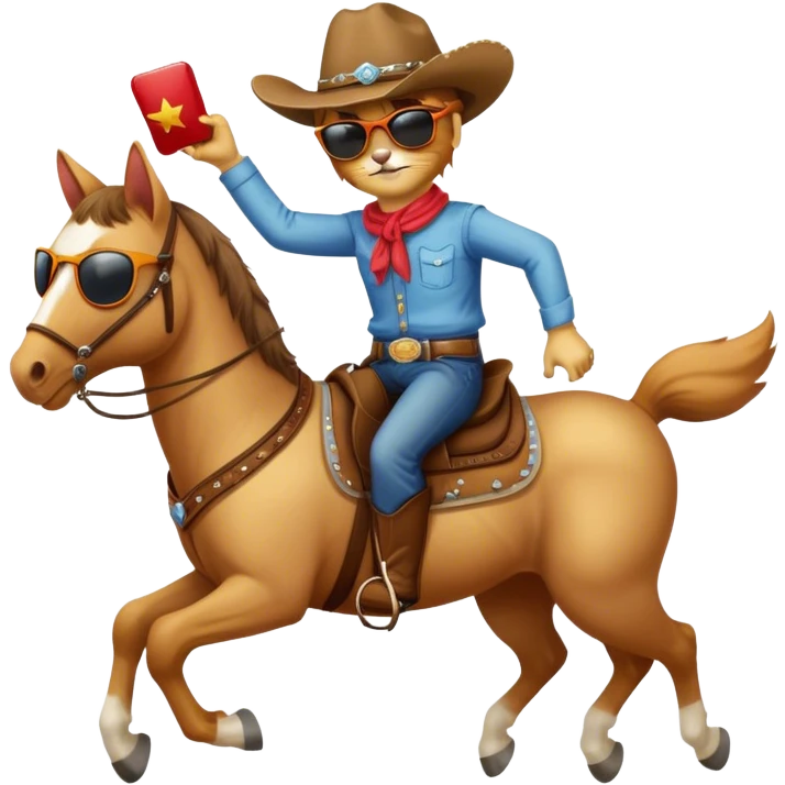 A cat with a cowboy hat and sunglasses riding a horse  emoji