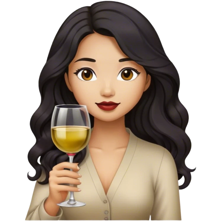 tan asian girl with black long wavy hair holding glass of wine emoji
