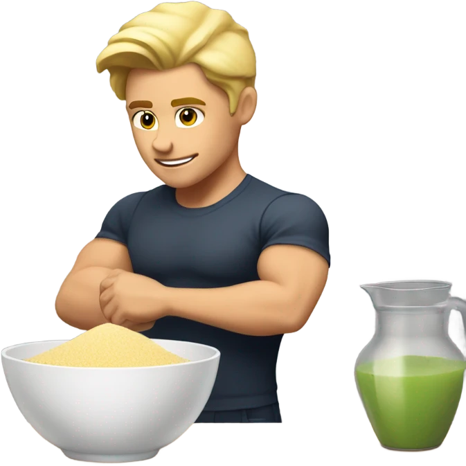 attractive muscular blonde young man using a mixing bowl  emoji